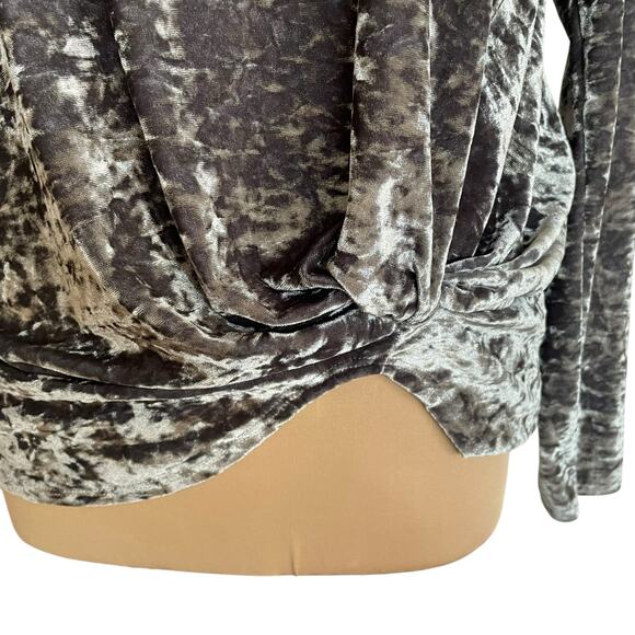 Hummingbird Crushed Velvet Long Sleeve Top Gray-Green Knotted Front Hem LARGE - Picture 2 of 6